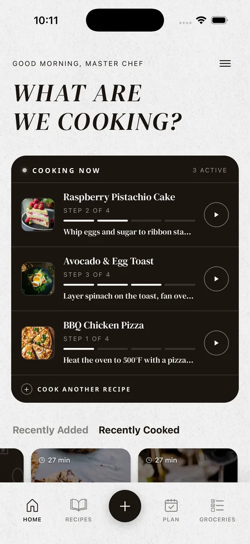 The Tradish home screen showing several recipes cooking at once, each on its own step