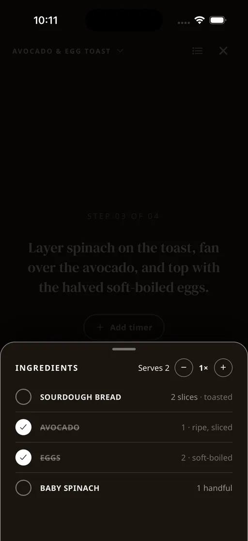 The Tradish Cook Mode ingredient list slid up over the current step while cooking