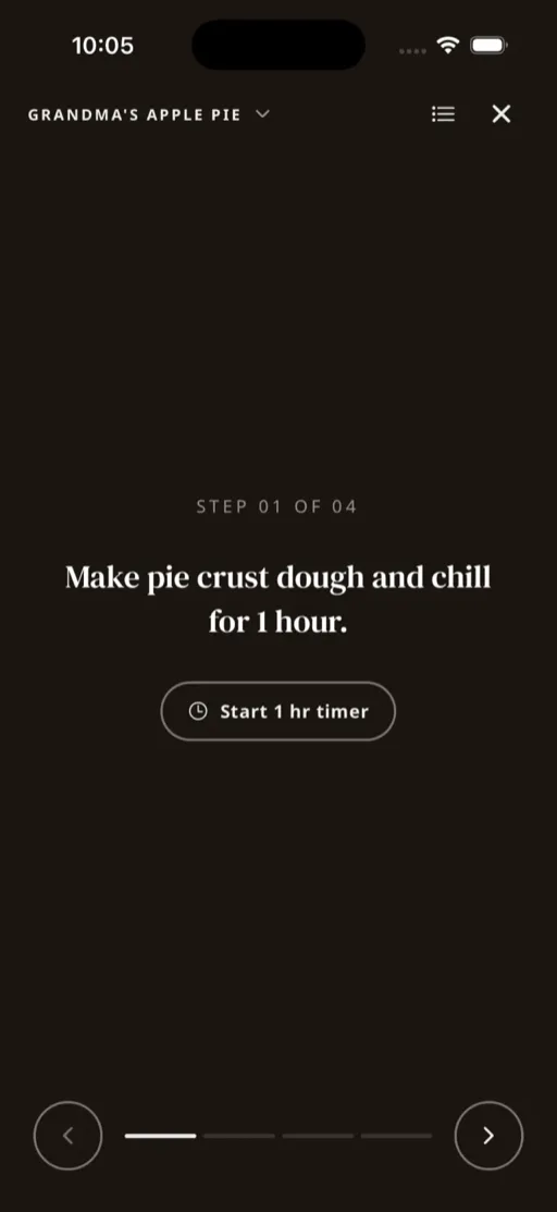 Cook mode showing a single recipe step with a tap-to-start timer