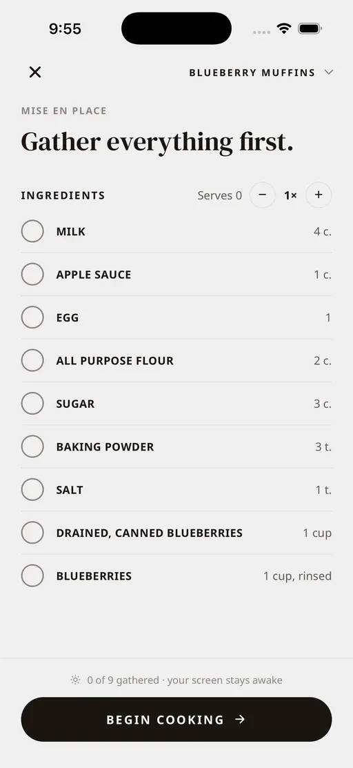 The Tradish Cook Mode prep screen with an ingredient checklist and a servings multiplier