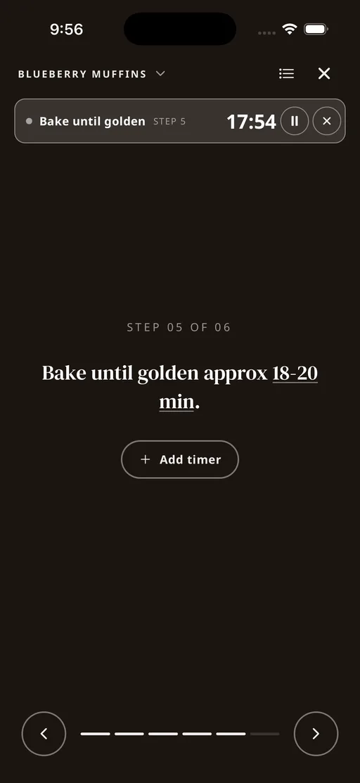 The Tradish Cook Mode step screen with a running timer at the top