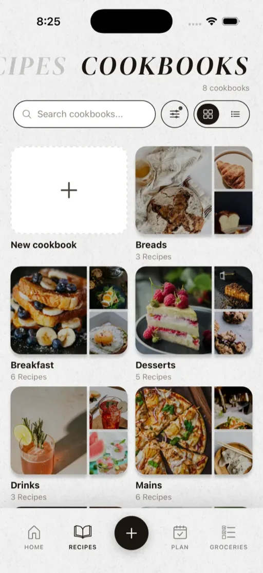 Cookbooks screen showing organized collections