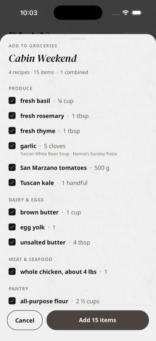 Grocery list screen organized by aisle