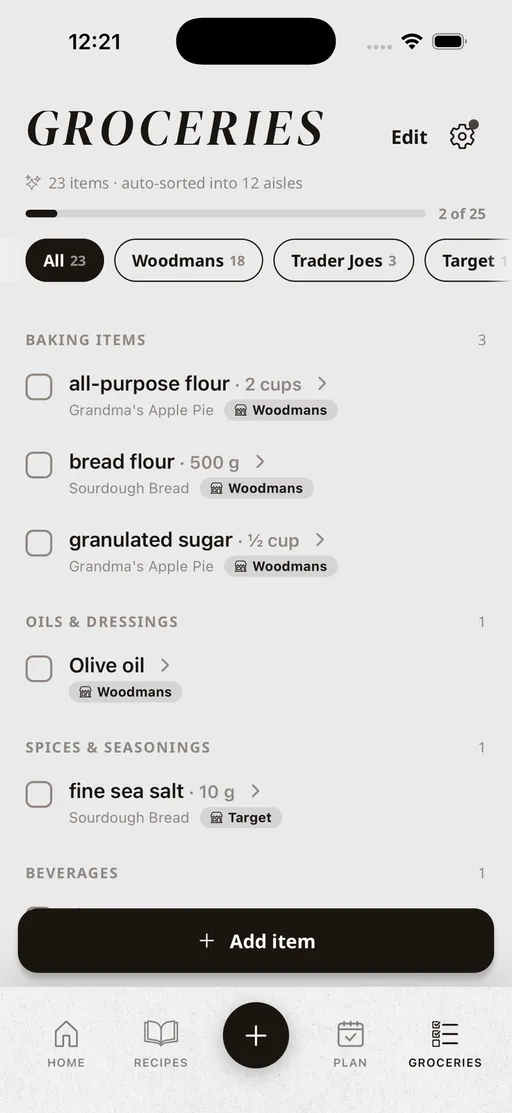 Grocery list screen sorted by aisle with per-store filters and check-off progress