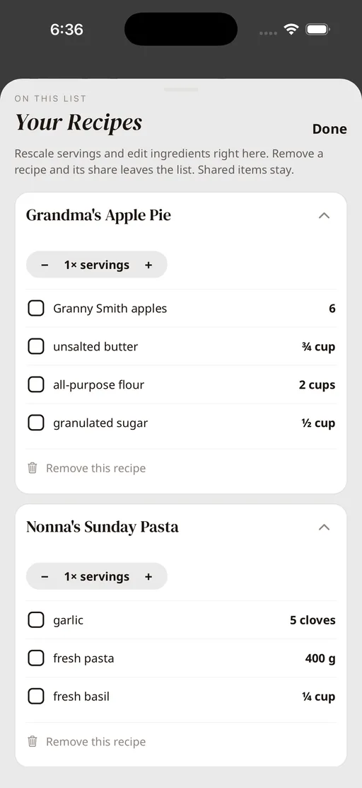 The Tradish grocery list broken down by the recipes on it, with adjustable servings