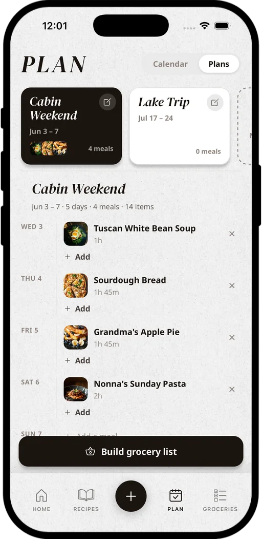 The Tradish Plan screen with named meal plans and a Build grocery list button
