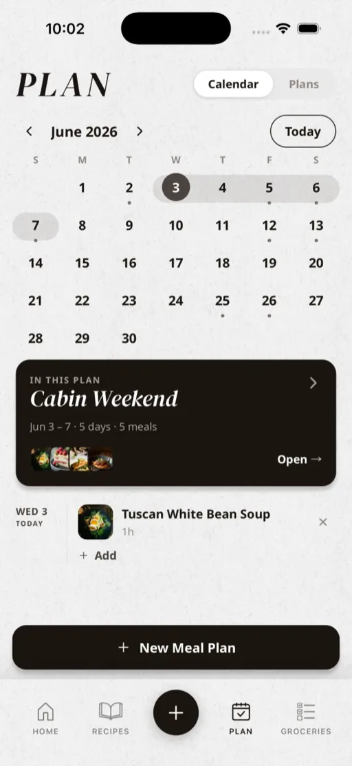 Meal plan calendar screen