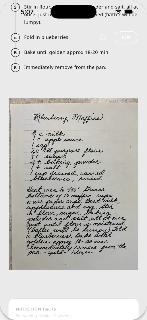 A saved recipe in Tradish showing structured steps next to the original handwritten recipe card
