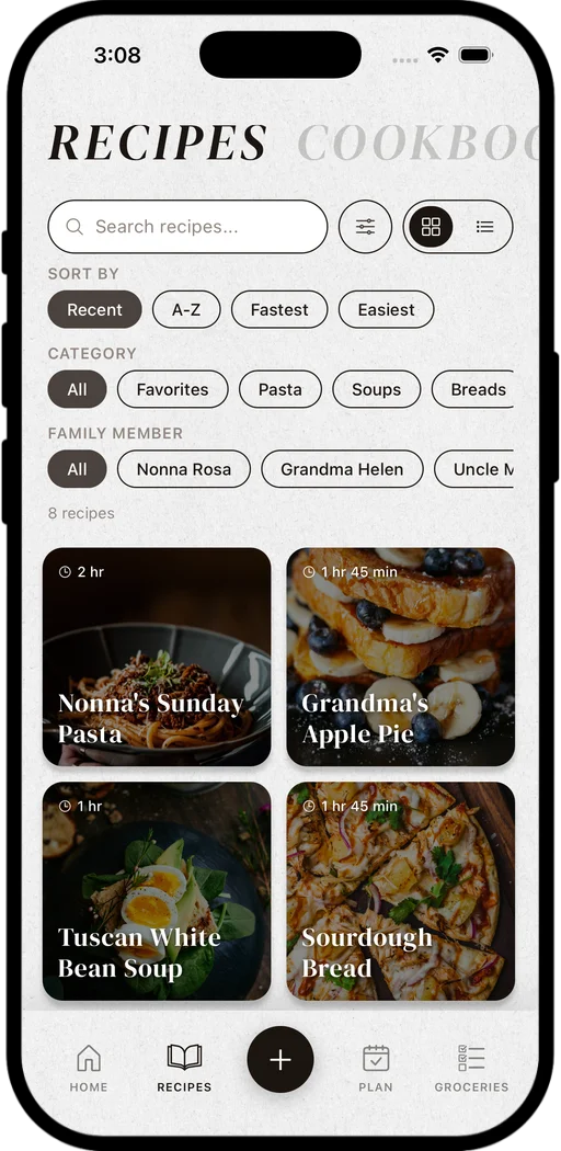 The Tradish recipes screen with search, sorting, and filters for category and family member