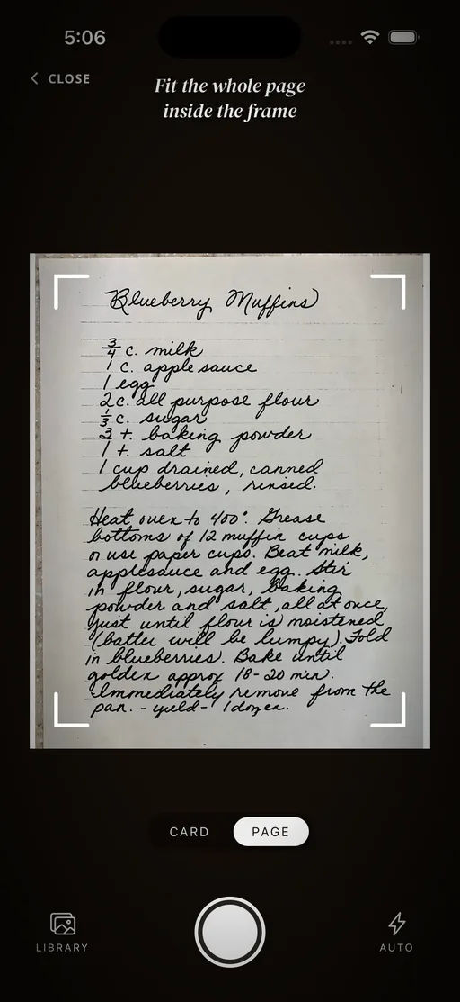 The Tradish camera framing a handwritten recipe card to scan it into the app