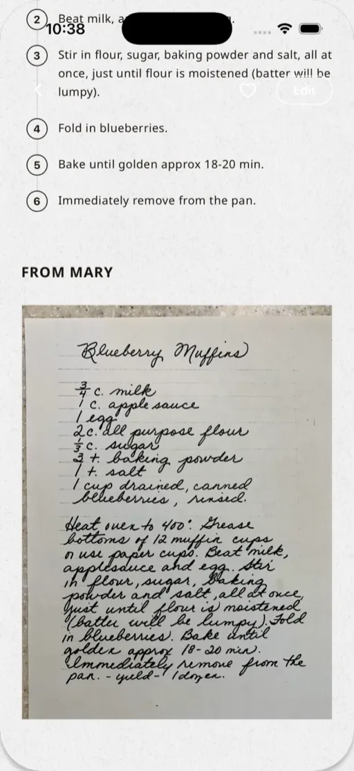 Recipe detail showing the From section with a handwritten card